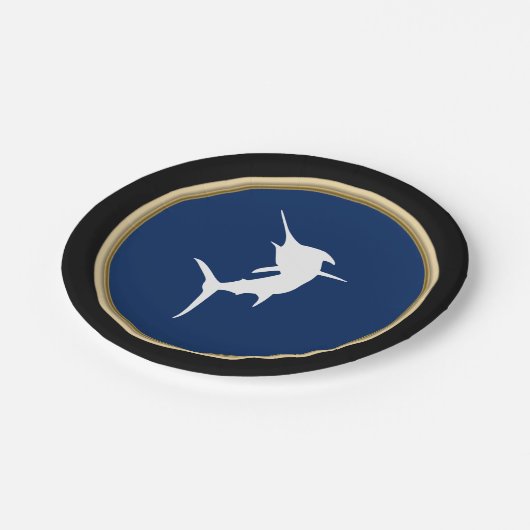 Nautic White Marlin Silhouette auf Dark Blue Pappteller (Schrägansicht)