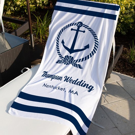 Nautic White Navy Anchor Custom Wedding Strandtuch