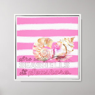 Nautic White Pink Stripes Gold Muscheln Leinwanddruck