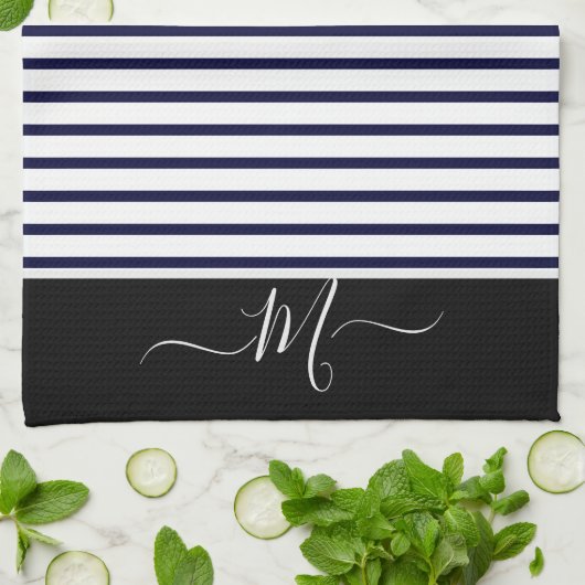Nautic white Striped Monogram, initiale Küche Geschirrtuch (Gefaltet)
