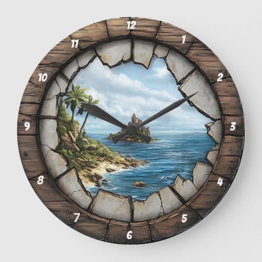 Nautic Window Island Escape Rustic Coastal Große Wanduhr (Vorderseite)