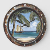 Nautic Window Rustic Tropical Sailboat Große Wanduhr (Vorderseite)