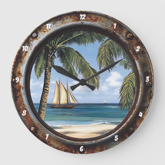 Nautic Window Rustic Tropical Sailboat Große Wanduhr (Vorderseite)