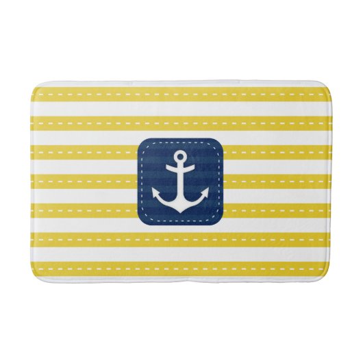 Nautic Yellow Stripes Navy Blue Banner Anker Badematte (Vorderseite)