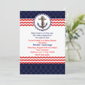 Nautic Zickzack Anchor Blue Red Invitation Card Einladung (Stehend Vorderseite)