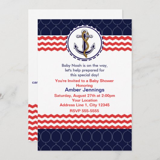 Nautic Zickzack Anchor Blue Red Invitation Card Einladung (Vorne/Hinten)