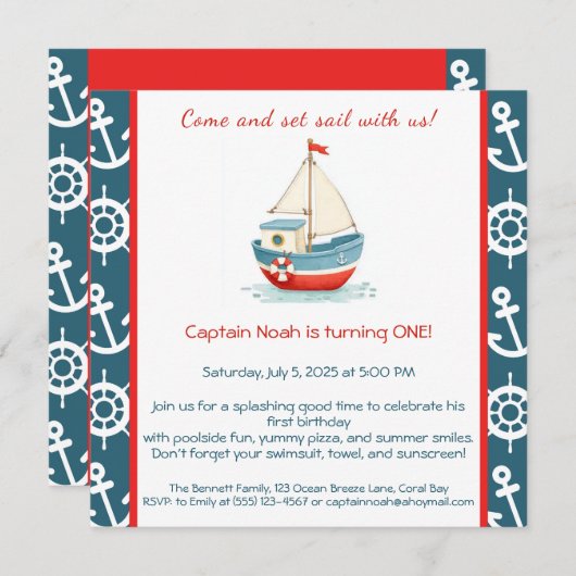 Nautical 1st Birthday Pool Party Einladung (Vorne/Hinten)