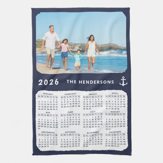 Nautical 2026 Calendar Family Foto Navy Blue Geschirrtuch (Vertikal)