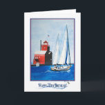 Nautical 70th Birthday Karte<br><div class="desc">Sailboat and red lighthouse for 70th birthday.</div>