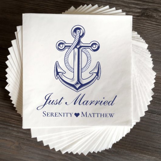 Nautical Achor Navy Blue Just Married Wedding Serviette