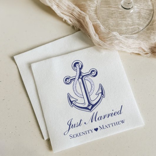 Nautical Achor Navy Blue Just Married Wedding Serviette