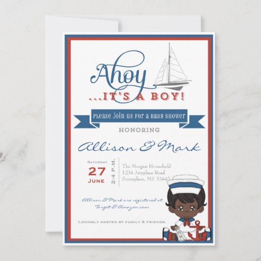 Nautical African American Baby Shower Einladung (Vorderseite)