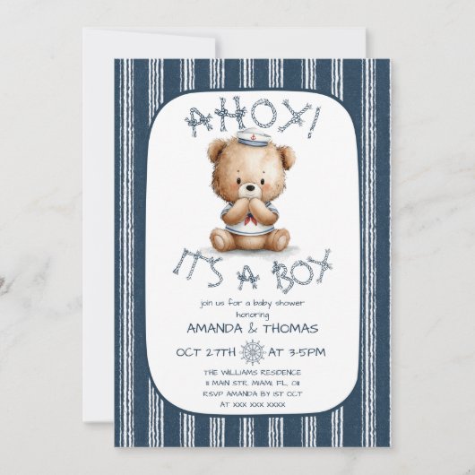Nautical Ahoy Bear Boy Baby Dusche Einladung (Vorderseite)