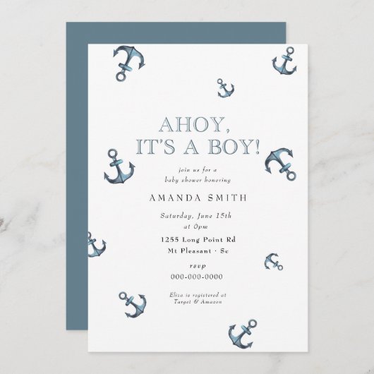 Nautical Ahoy Es ist eine Kindernacht Anchor Baby Einladung (Vorne/Hinten)