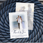 Nautical Anchor 2 Foto Wedding Script Vielen Dank Dankeskarte<br><div class="desc">Senden Sie vorgedruckte Hochzeitsnachrichten oder handgeschriebene Dankeschön-Notizen mit diesen nautischen Themen Foto Dankeschön-Karten mit 2 Fotos (jeweils eins auf beiden Seiten) und einem modernen handgeschriebenen Schrift Typografie-Titel mit einem Anker in Marineblau und Weiß. HILFE: Für Unterstützung bei Designänderungen oder Personalisierungen, bei der Übertragung des Designs auf ein anderes Produkt oder...</div>