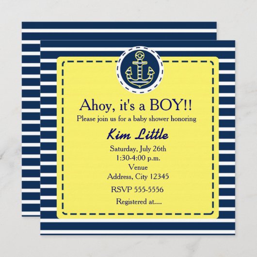 Nautical Anchor Baby Dusche gelb blau Einladung (Vorne/Hinten)