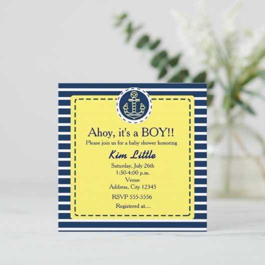 Nautical Anchor Baby Dusche gelb blau Einladung (Stehend Vorderseite)
