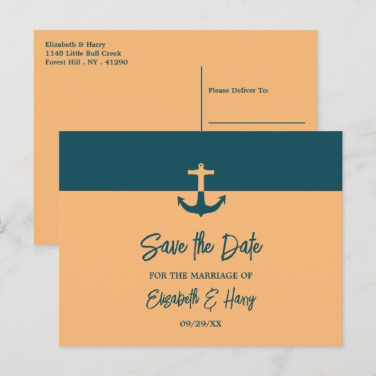Nautical Anchor, Beach Wedding Save the Date Postkarte (Vorne/Hinten)