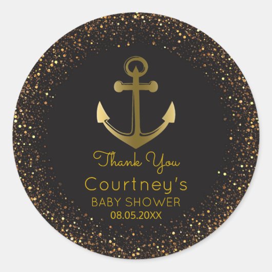 Nautical Anchor Black Gold Baby Dusche Gefallen Runder Aufkleber (Vorderseite)