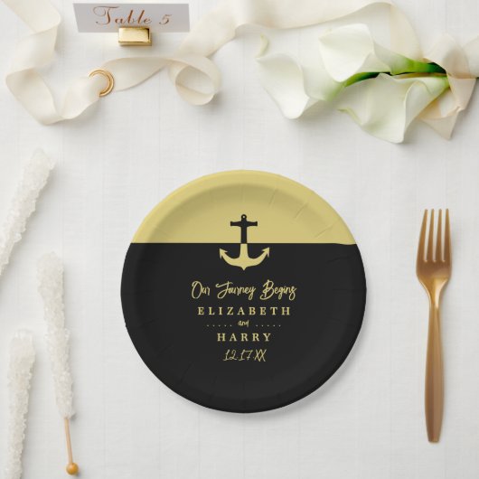 Nautical Anchor - Black Gold - Beach Wedding Pappteller (Hochzeit)