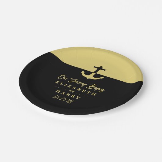 Nautical Anchor - Black Gold - Beach Wedding Pappteller (Schrägansicht)