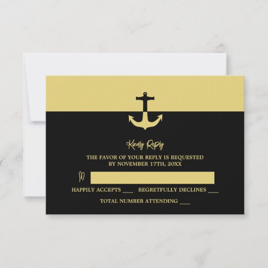 Nautical Anchor - Black Gold - Beach Wedding RSVP Karte (Vorderseite)