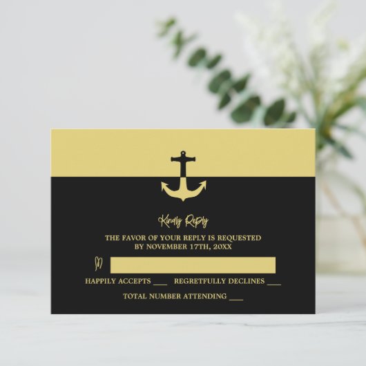 Nautical Anchor - Black Gold - Beach Wedding RSVP Karte (Stehend Vorderseite)