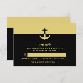 Nautical Anchor - Black Gold - Beach Wedding RSVP Karte