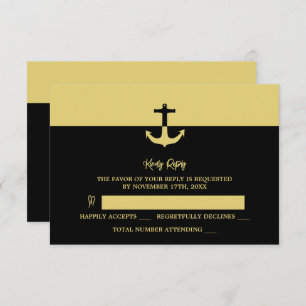 Nautical Anchor - Black Gold - Beach Wedding RSVP Karte