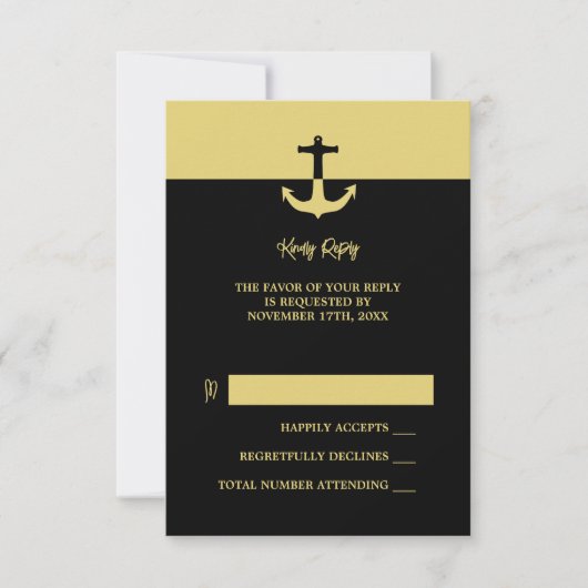 Nautical Anchor - Black Gold - Beach Wedding RSVP Karte (Vorderseite)