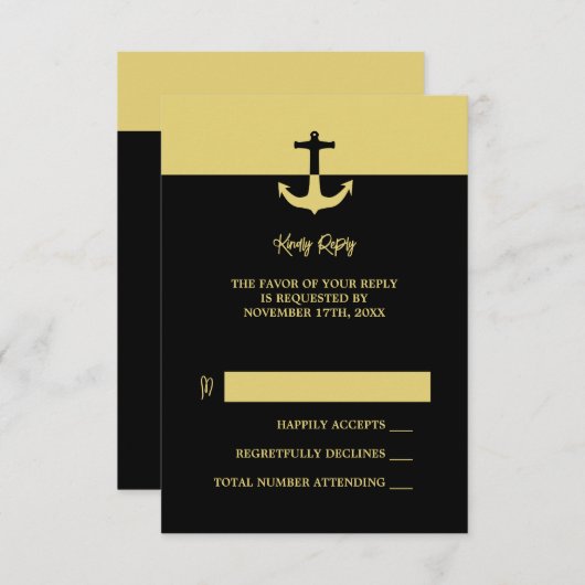 Nautical Anchor - Black Gold - Beach Wedding RSVP Karte (Vorne/Hinten)
