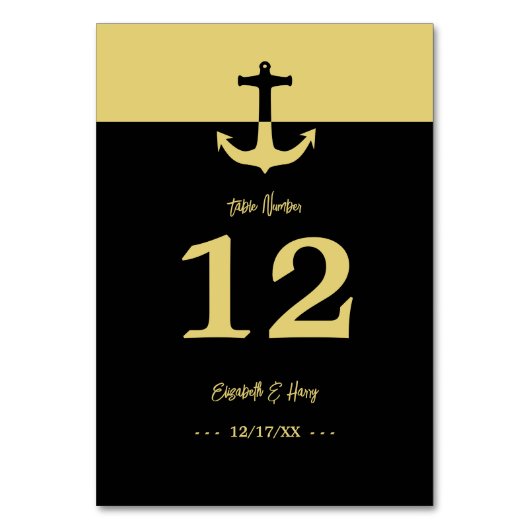 Nautical Anchor - Black Gold - Beach Wedding Tischnummer (Vorderseite)