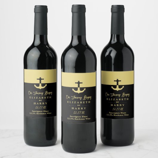 Nautical Anchor - Black Gold - Beach Wedding Weinetikett (Flaschen)