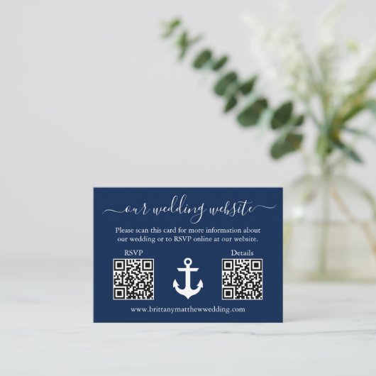 Nautical Anchor Blue 2 QR UAWG Details Hochzeit Begleitkarte (Stehend Vorderseite)