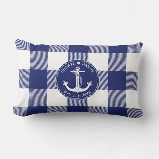 Nautical Anchor Blue Buffalo Karierte Hochzeit Lendenkissen (Vorderseite)