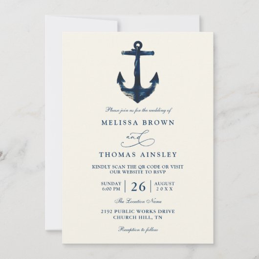 Nautical Anchor Blue Modern Chic QR Code Wedding Einladung (Vorderseite)