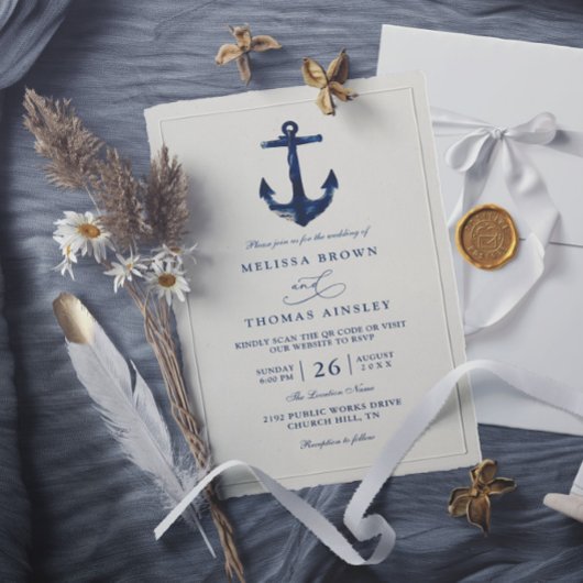 Nautical Anchor Blue Modern Chic QR Code Wedding Einladung