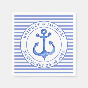 Nautical Anchor Blue Striping Personalisiert Weddi Serviette