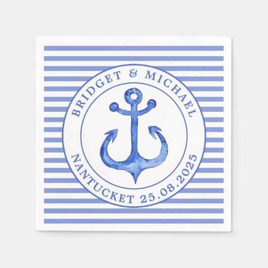 Nautical Anchor Blue Striping Personalisiert Weddi Serviette (Vorderseite)