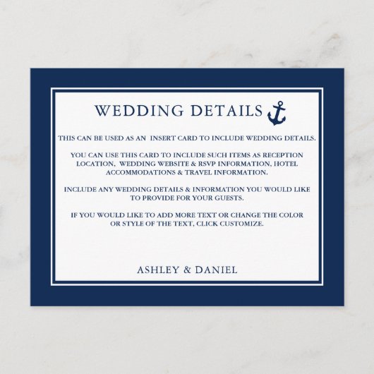 Nautical Anchor Blue Wedding Details Beipackkarte Postkarte (Vorderseite)