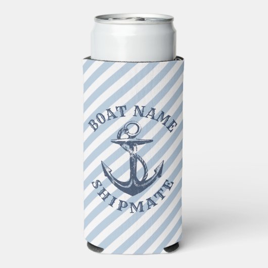 Nautical Anchor Blue White Stripe Personalisiert Selters Dosenkühler (Seltzer Rückseite)