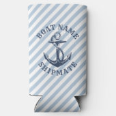 Nautical Anchor Blue White Stripe Personalisiert Selters Dosenkühler (Rückseite)