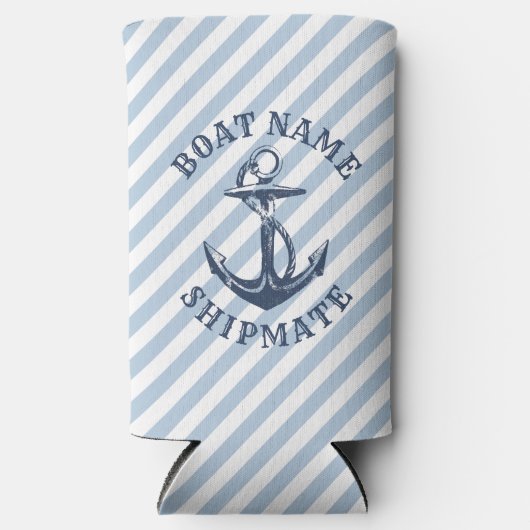 Nautical Anchor Blue White Stripe Personalisiert Selters Dosenkühler (Vorderseite)