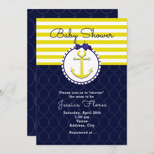 Nautical Anchor Blue Yellow Baby Dusche Einladung (Vorne/Hinten)