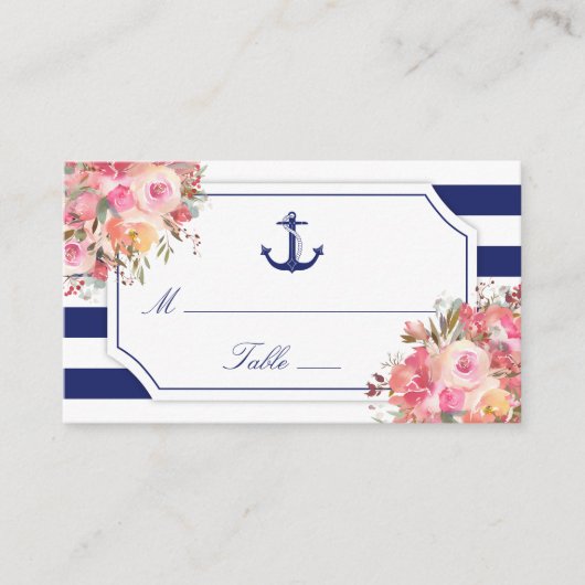 Nautical Anchor Blues Stripe Hochzeit Platzkarte (Vorderseite)