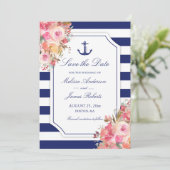 Nautical Anchor Blues Stripe Hochzeit Save The Date (Stehend Vorderseite)