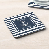 Nautical Anchor Boat Family Name Navy Blue Strip Getränkeuntersetzer (Linke Seite)