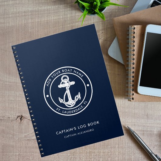 Nautical Anchor Boat Name Navy Blue Captain's Log Notizblock