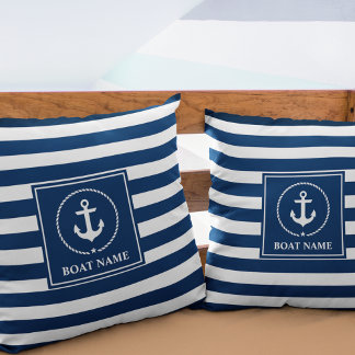 Nautical Anchor Boat Name Navy Blue Streifen Kissen