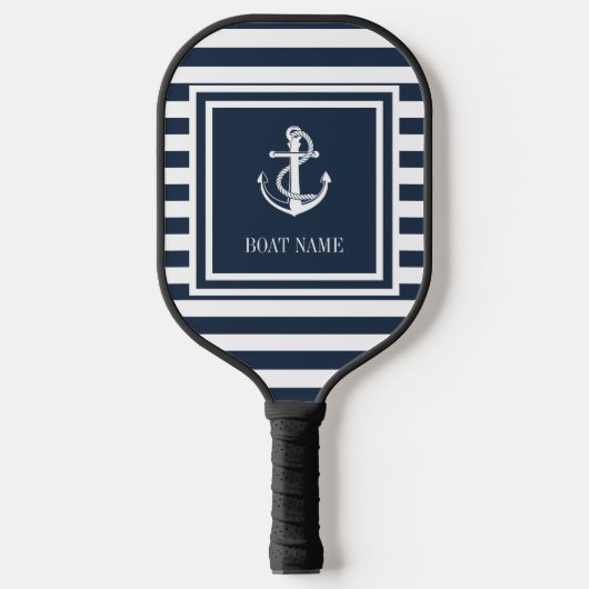 Nautical Anchor Boat Name Navy Blue Streifen Pickleball Schläger (Vorderseite)